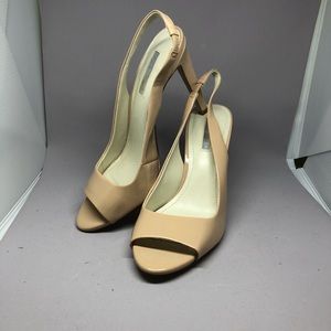 BCBGeneration Nude Patent Open Toe Heels Pumps